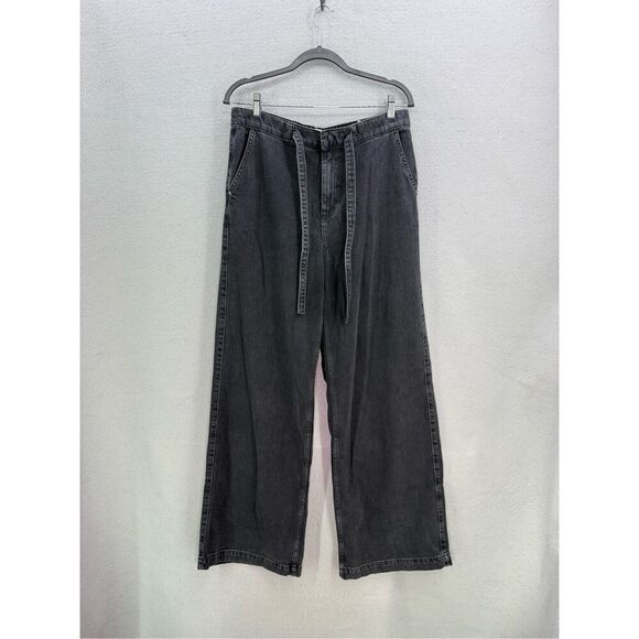 Zara Womens Black High Waisted Belted Wide Straight Leg Denim Jeans Size Large - Picture 1 of 9